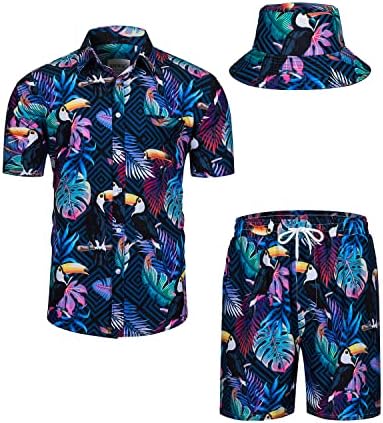 חולצות ומכנסיים קצרים הוואי סט 2 חתיכות טרופי תלבושת פרח הדפסת כפתור למטה חוף חליפה עם דלי כובעים