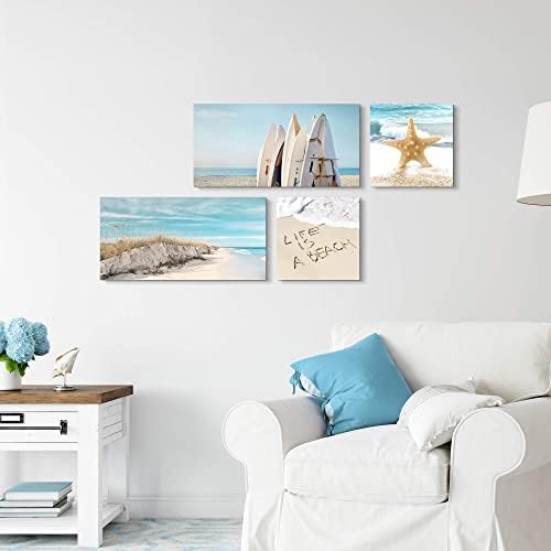 חדר שינה חוף קיר קיר קיר: 4 חלקים סלון אמבטיה מודרנית כחול חוף נוף חוף תמונה טרופית אוקיינוס ​​גל הדפסת ים ים סצנת ציור ציור יצירות עיצוב למשרד ביתי