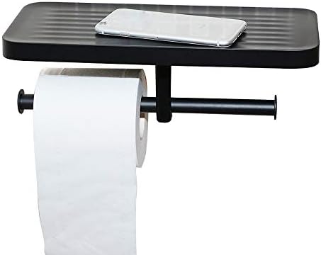 מחזיק נייר טואלט כפול CRW עם מדף שחור מט, מתקן נייר טואלט מסחרי, קיר מחזיק רקמות כפול רצועה לחדר אמבטיה