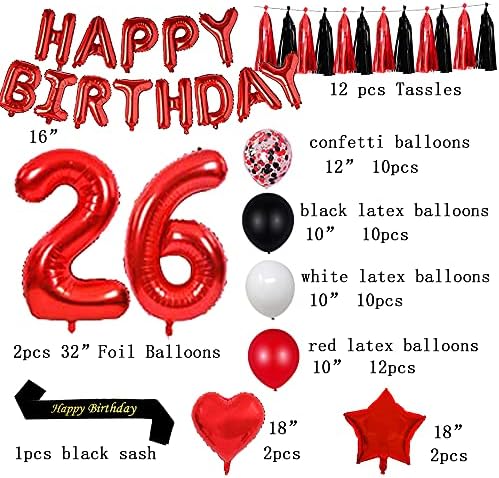 קישוטי מסיבת יום הולדת 26 של Succris בלונים קונפטי 16 אינץ 'אדום יום הולדת שמח נייר כסף בלונים נייר כסף בלונים אדומים גדילים שחור שחור מספר אדום 26