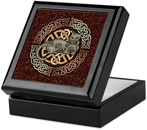 Cafepress Celtic Cat Box, קופסת תכשיטים עץ קשה, קופסת מזכרת מרופדת קטיפה