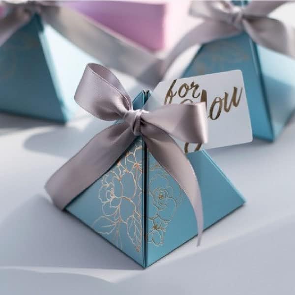 קופסת ממתקים פירמידה משולשת חדשה של קריסדרלובבי חתונה רוז נייר קופסאות מתנות עם כרטיס ושקיות סוכריות סרט לאורחים תיבת אריזת שוקולד