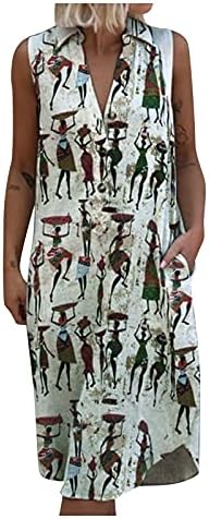 שמלת משמרת קיץ של בלאקי לנשים צווארון צווארון צווארון V ללא שרוולים מודפסים שמלת MIDI מזדמנת