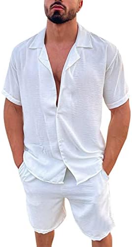 גברים אביב אביב קיץ שני חלקים חוף חוף חולצה שרוול קצר סט מכנסיים עם כיס חליפה מוצקה עם ז'קט לבן