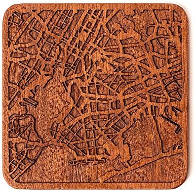 רכבת מפה של ניו יורק מאת O3 Studio Design, Piece 1, Sapele Coaster עץ עם מפת עיר, בעבודת יד, מרובה עיר אופציונלית