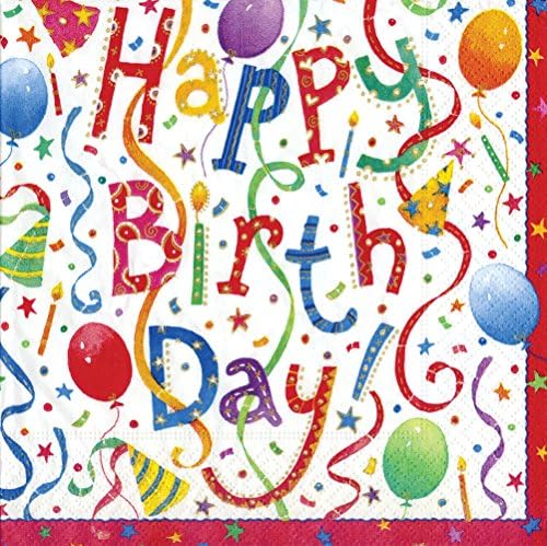 מבדר עם מפית קוקטייל קספרי, יום הולדת שמח, רב צבעוני, קופסה של 40