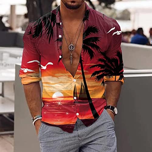 כפתור מזדמן של XXBR לגברים למטה חולצות שרוול ארוך עץ טרופי מודפס צמרות חוף מעצב צווארון דש חולצה הוואי