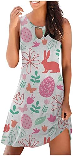 נשים שורשיות ביצי ארנבות חמודות הדפס פרחוני שמלת מיני קצרה שמלת טנק ללא שרוולים קיץ שמלת חור מפתח מזדמן שמלת חולצת טשטוש רופפת