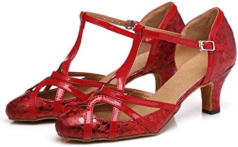 רצועת T-Strap לנשים נצנצים סלסה טנגו טנגו נעלי ריקוד לחתונה לטינית עקב נמוך 6 סמ, אדום, דוגמנית 2040, 7 ב ארהב